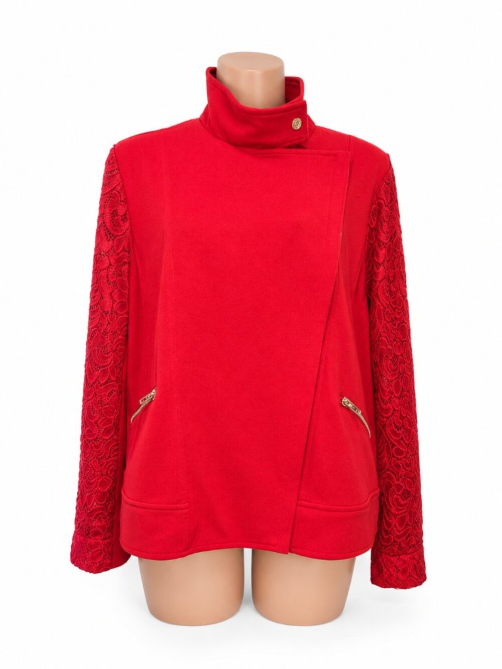 C. Wonder by Christian Siriano Red Lace Sleeve Asymmetrical Zip Jacket Large - Picture 2 of 7
